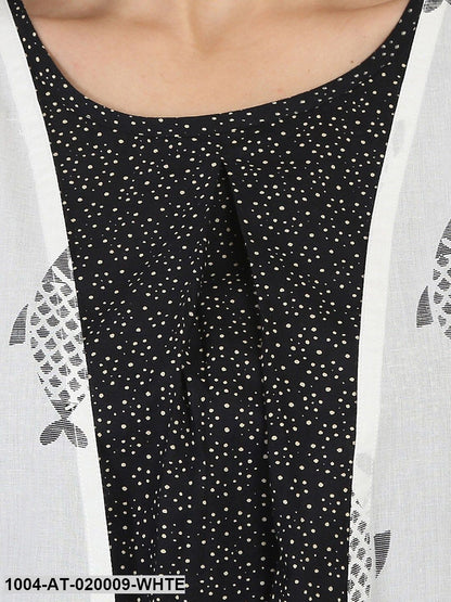 White & Black Printed A-Line Kurta