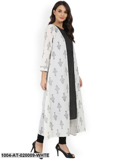 White & Black Printed A-Line Kurta