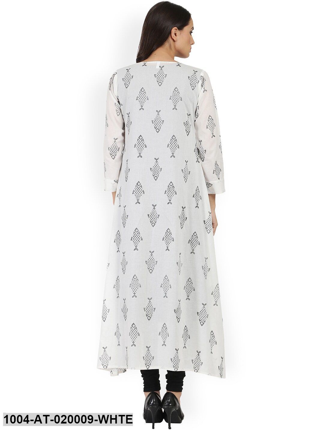 White & Black Printed A-Line Kurta