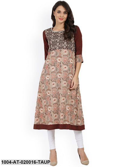 Taupe Printed A-Line Kurta