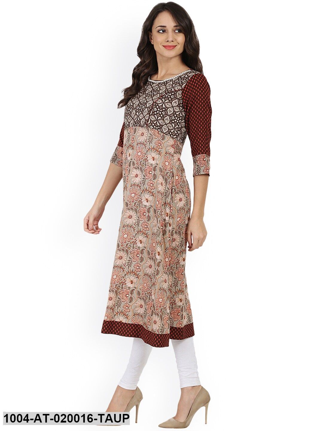 Taupe Printed A-Line Kurta