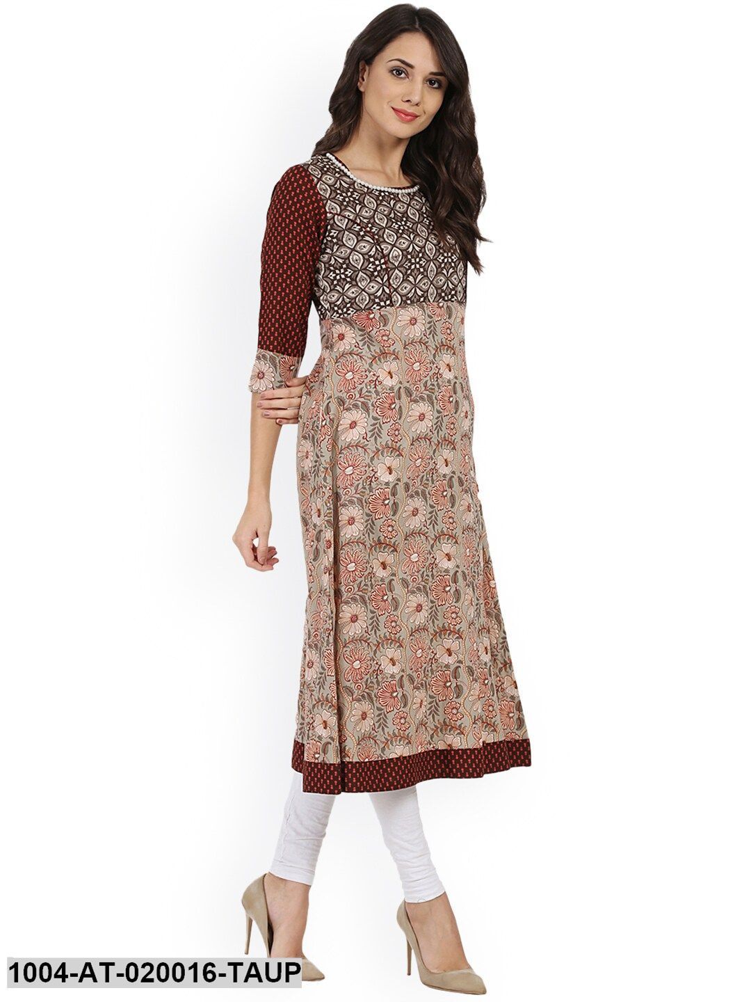 Taupe Printed A-Line Kurta