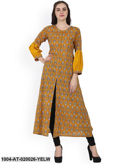 Yellow Printed A-Line Kurta