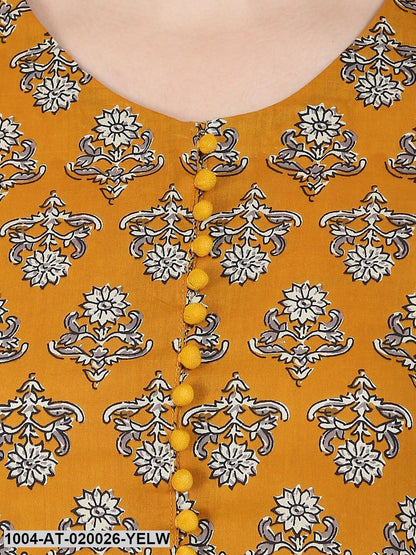 Yellow Printed A-Line Kurta