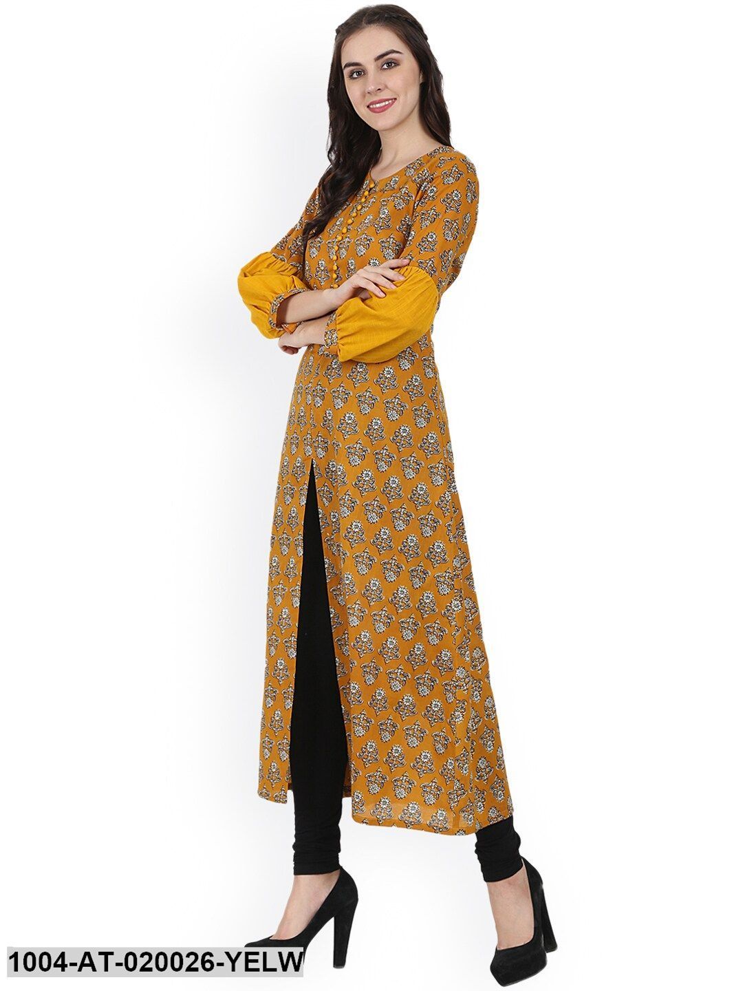 Yellow Printed A-Line Kurta