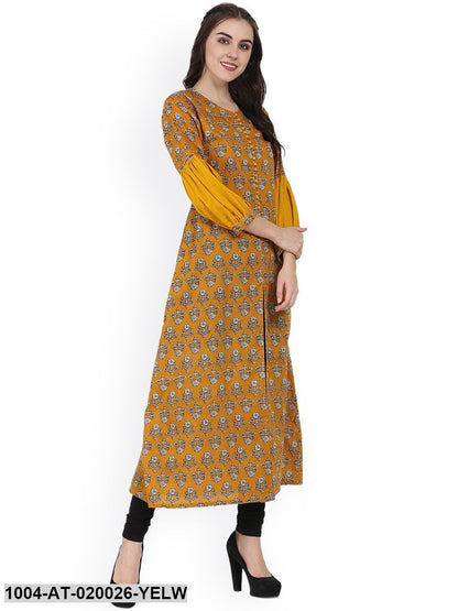 Yellow Printed A-Line Kurta