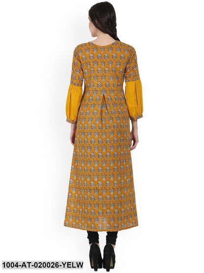 Yellow Printed A-Line Kurta