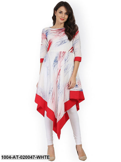 White Printed Asymmetirc A-Line Kurta