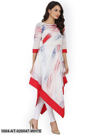 White Printed Asymmetirc A-Line Kurta