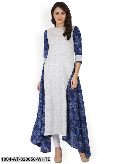 White & Blue Printed A-Line Kurta