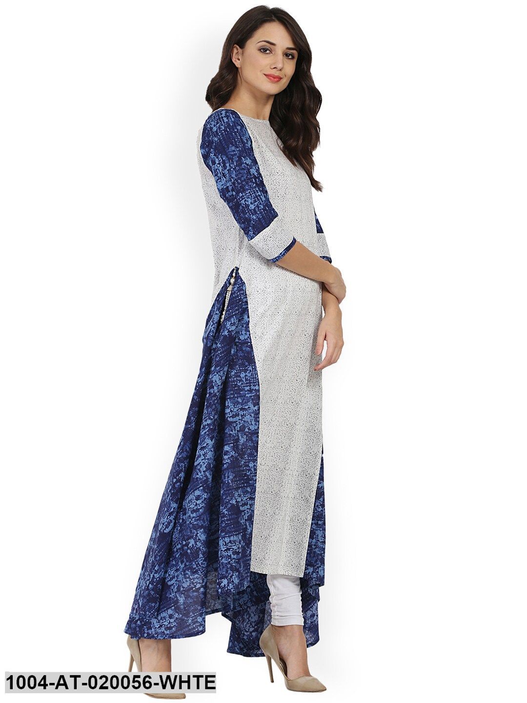 White & Blue Printed A-Line Kurta