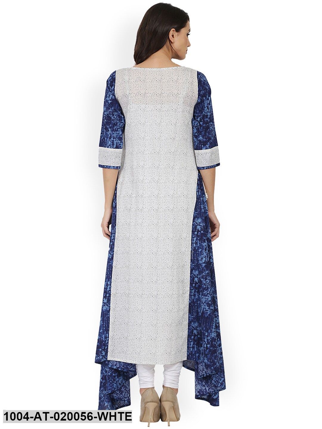 White & Blue Printed A-Line Kurta