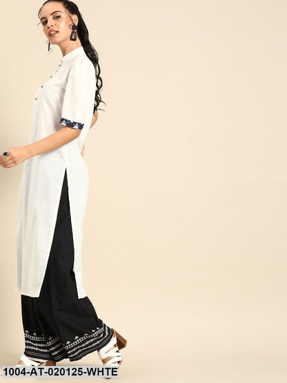 White & Navy Blue Solid Straight Kurta With Ethnic Jacket