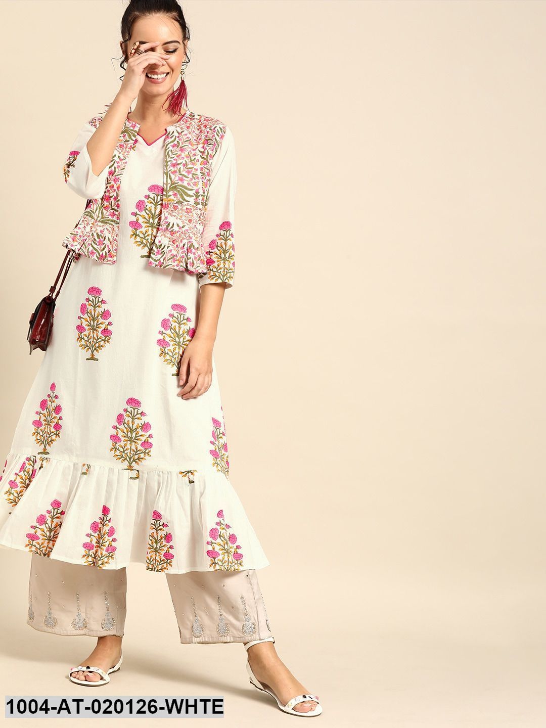 White & Pink Printed A-Line Layered Fusion Kurta With Ethnic Jacket