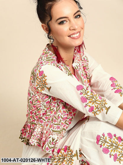 White & Pink Printed A-Line Layered Fusion Kurta With Ethnic Jacket