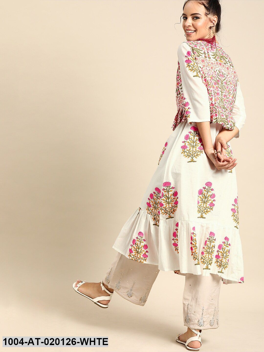 White & Pink Printed A-Line Layered Fusion Kurta With Ethnic Jacket