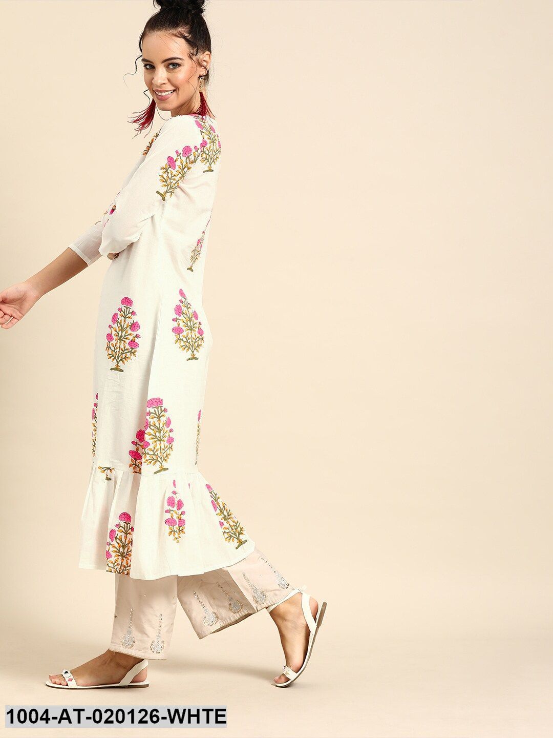 White & Pink Printed A-Line Layered Fusion Kurta With Ethnic Jacket