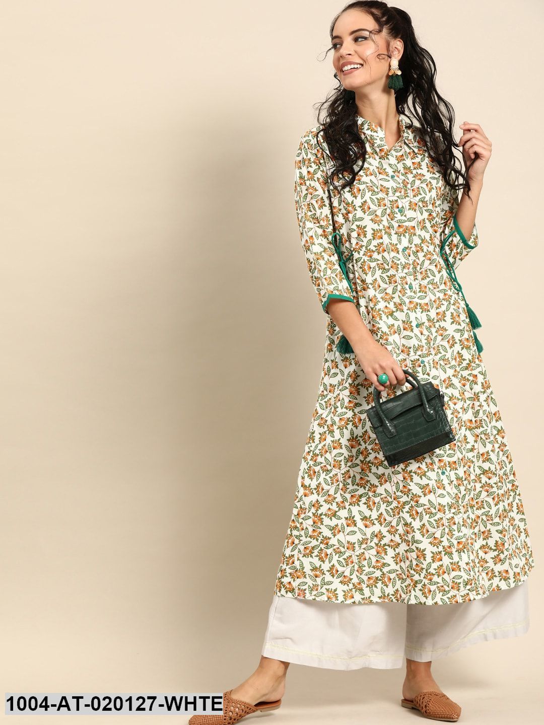 White & Orange Printed A-Line Kurta With Tie-Up Detail