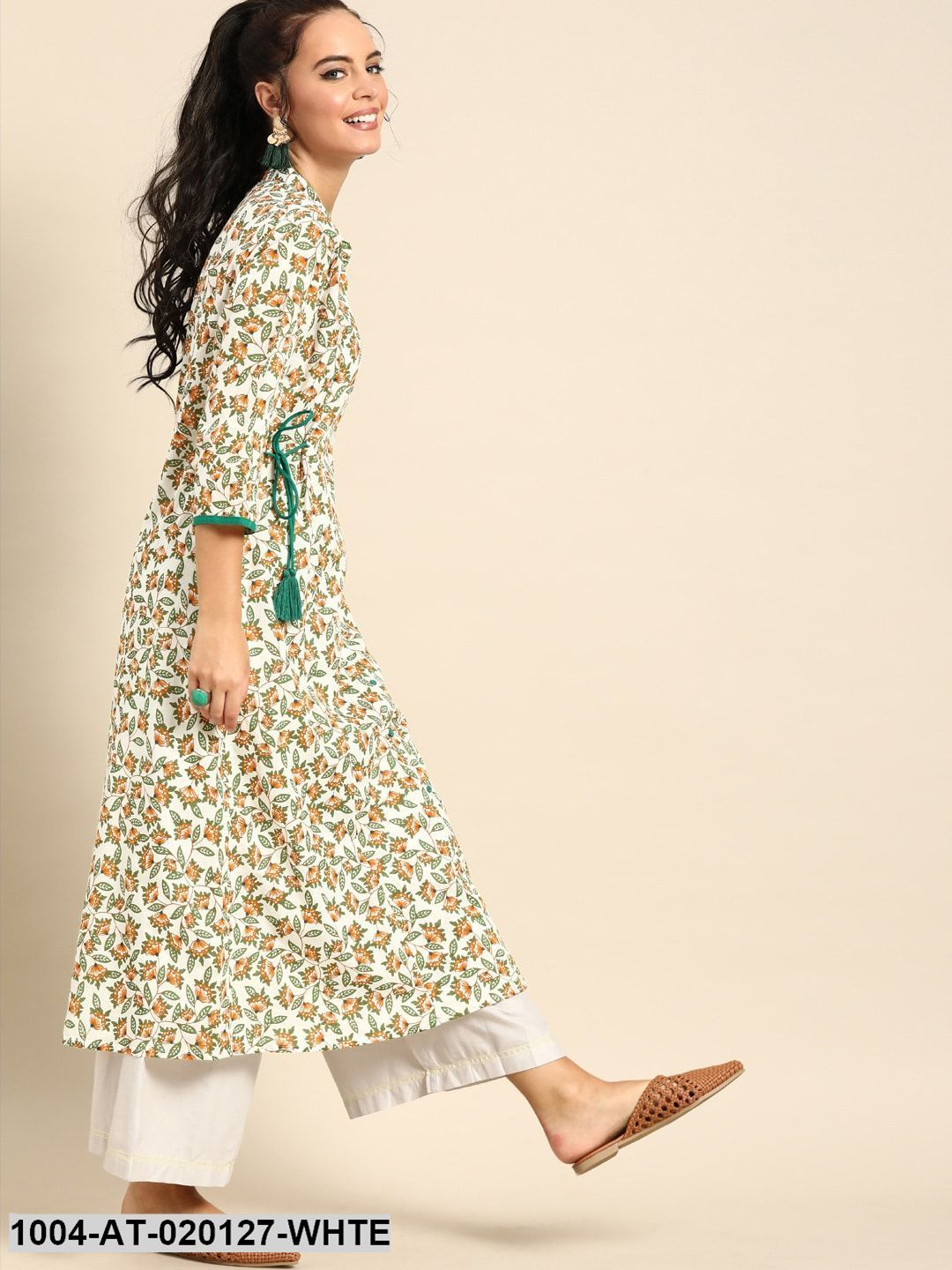 White & Orange Printed A-Line Kurta With Tie-Up Detail