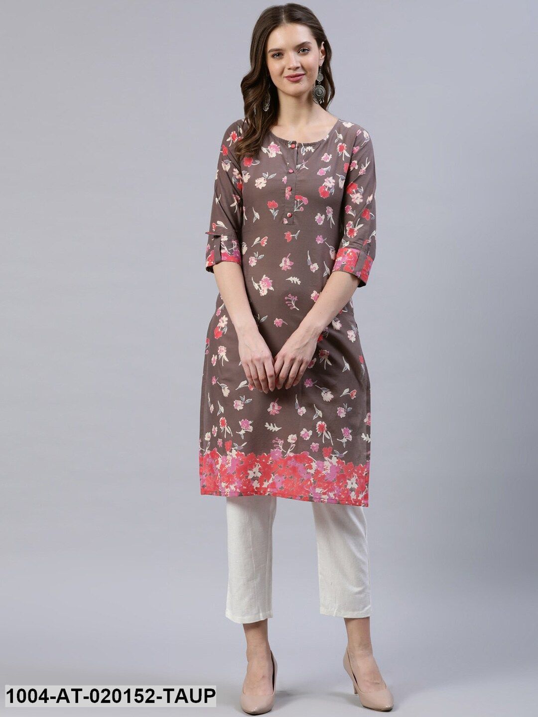 Taupe & Pink Floral Printed Floral Straight Kurta