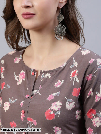 Taupe & Pink Floral Printed Floral Straight Kurta