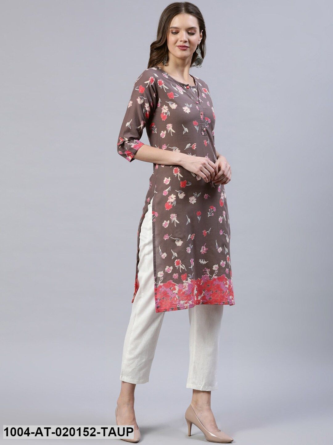 Taupe & Pink Floral Printed Floral Straight Kurta