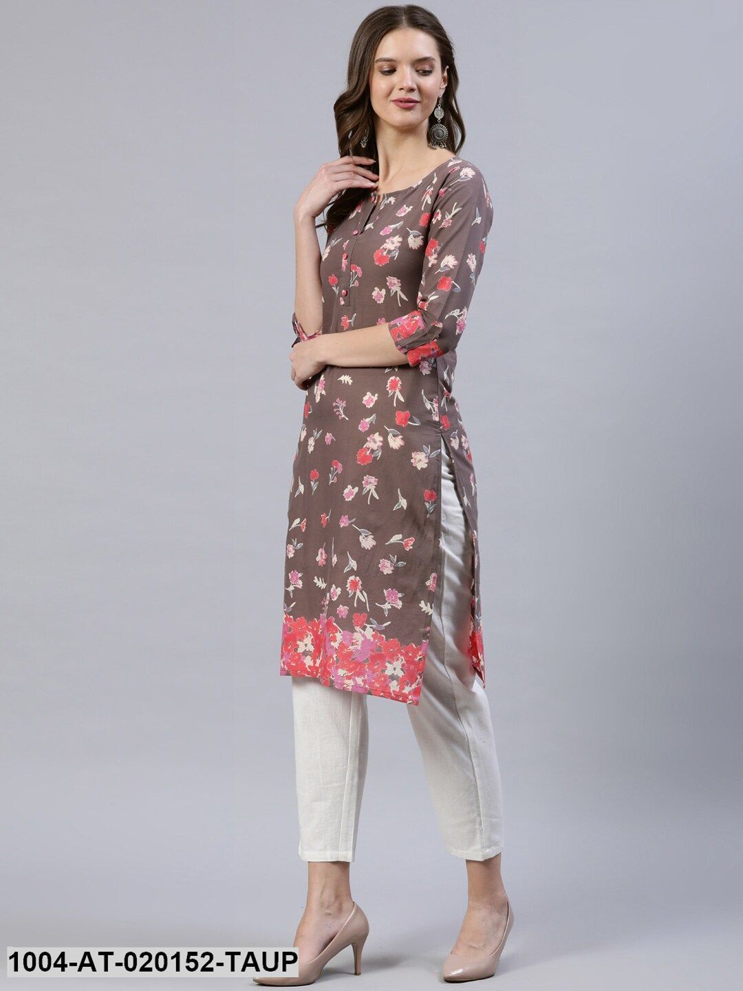 Taupe & Pink Floral Printed Floral Straight Kurta