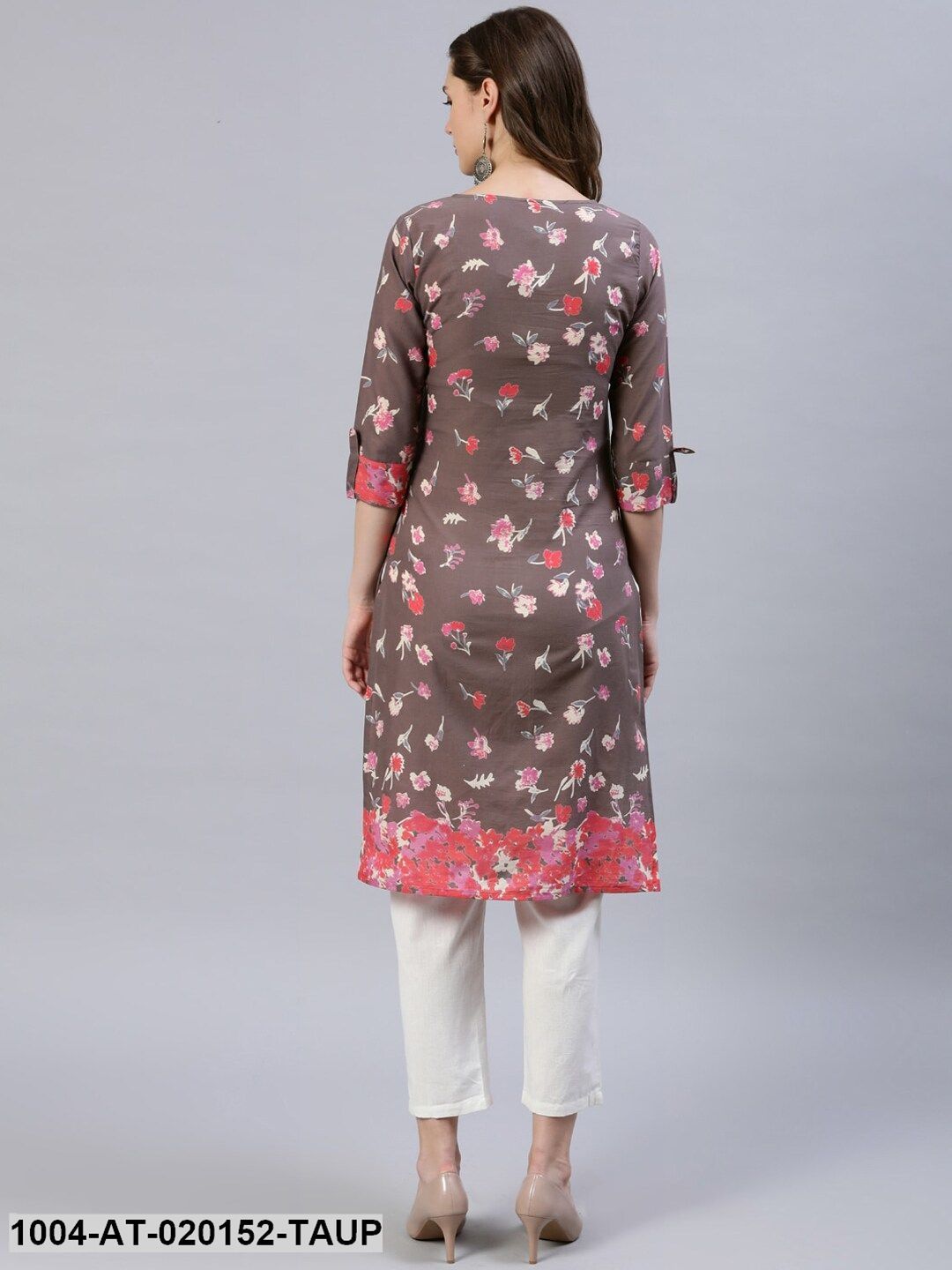 Taupe & Pink Floral Printed Floral Straight Kurta