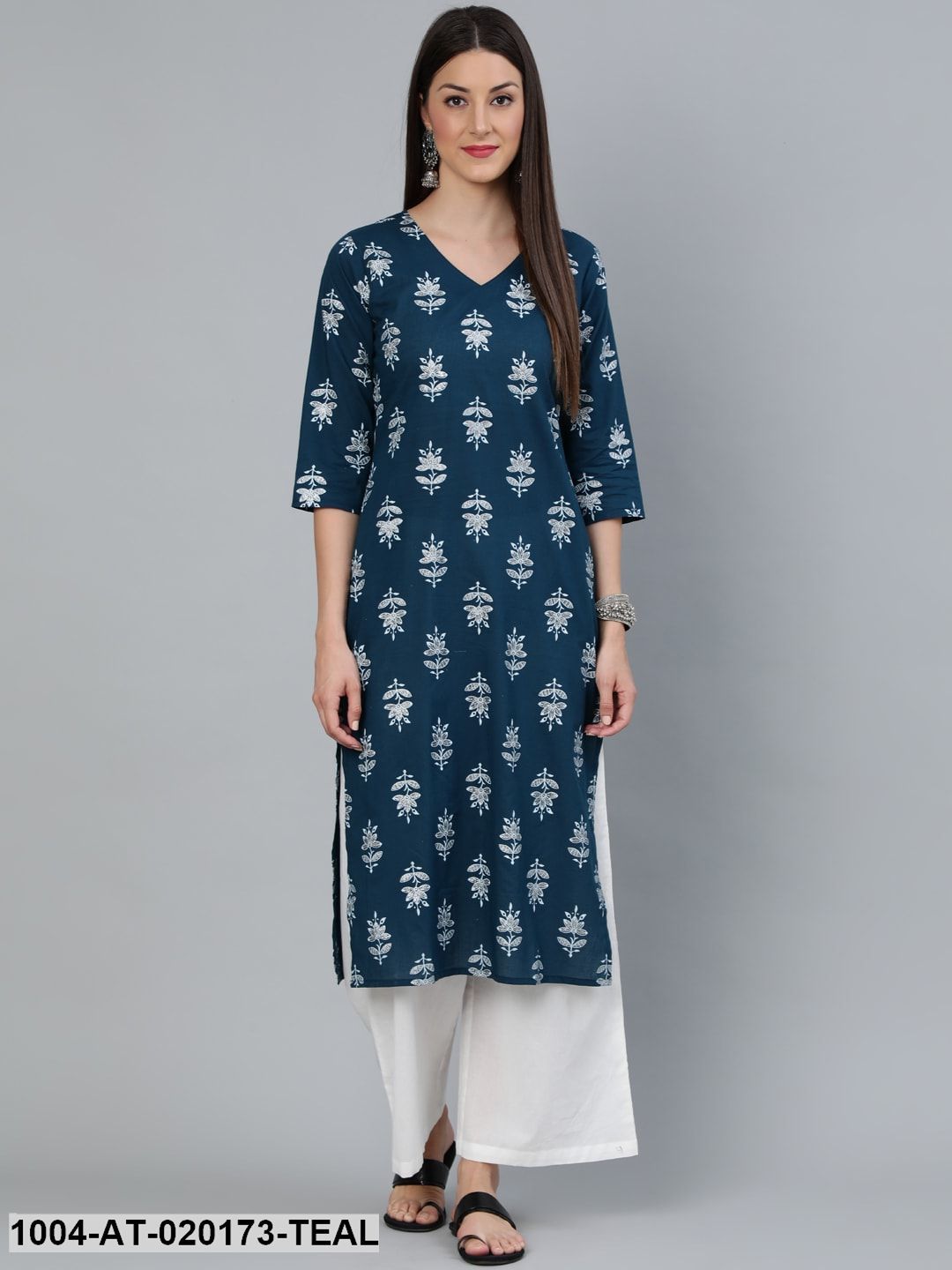 Teal Blue & Silver Printed Straight Kurta With Three Quarters Sleeves