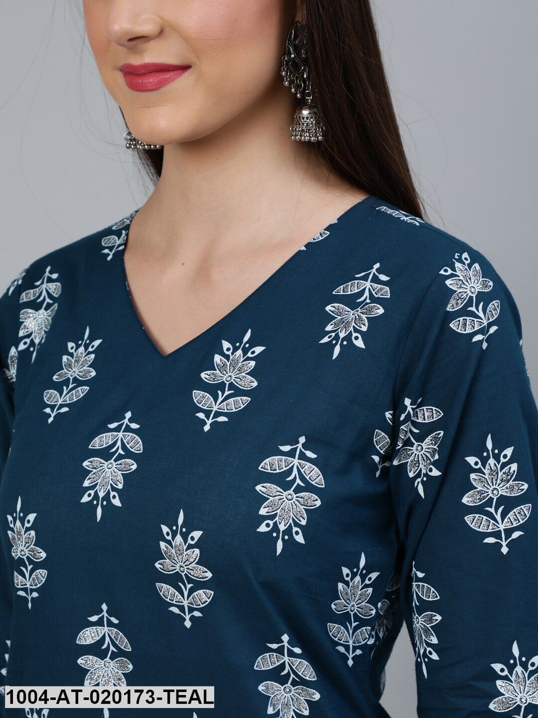 Teal Blue & Silver Printed Straight Kurta With Three Quarters Sleeves