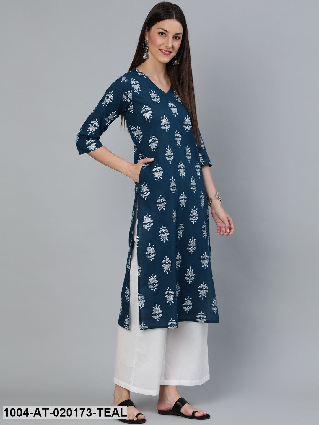 Teal Blue & Silver Printed Straight Kurta With Three Quarters Sleeves