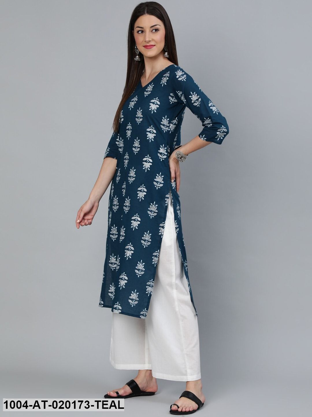 Teal Blue & Silver Printed Straight Kurta With Three Quarters Sleeves