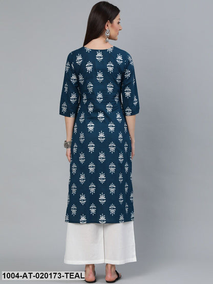 Teal Blue & Silver Printed Straight Kurta With Three Quarters Sleeves