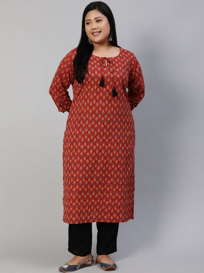 Women Red Kantha Printed Straight Kurta With Three Quarter Sleeves