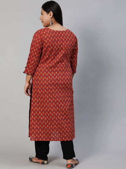 Women Red Kantha Printed Straight Kurta With Three Quarter Sleeves