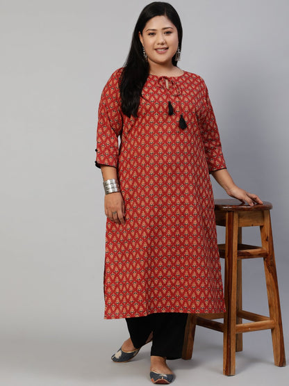 Women Red Kantha Printed Straight Kurta With Three Quarter Sleeves