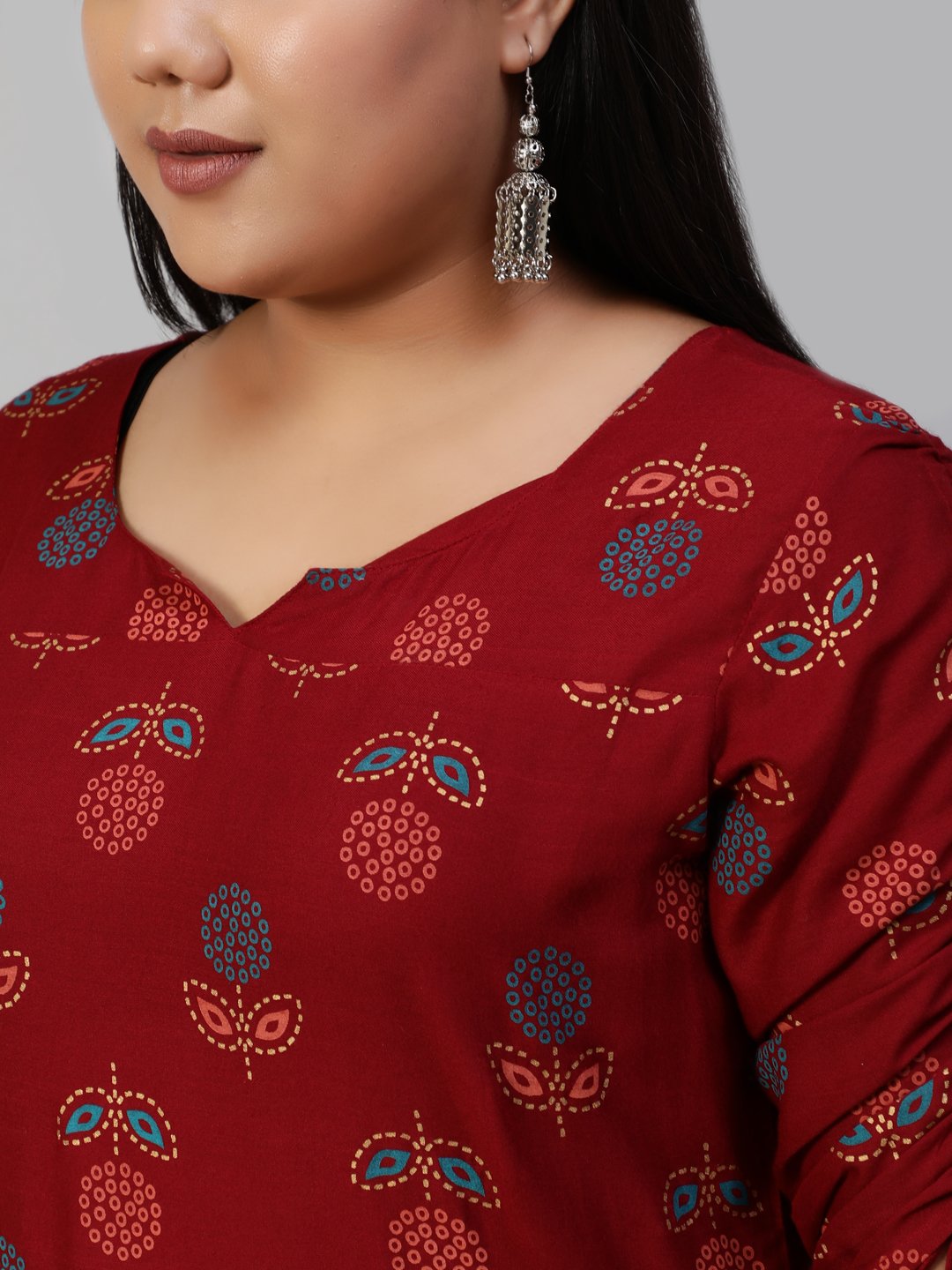 Women Maroon Printed Straight Kurta With Three Quarter Sleeves