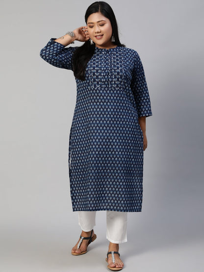 Women Blue Hand Work Printed Straight Kurta With Three Quarter Sleeves