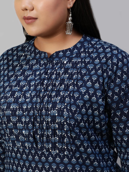 Women Blue Hand Work Printed Straight Kurta With Three Quarter Sleeves