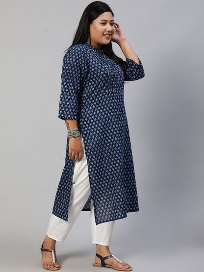 Women Blue Hand Work Printed Straight Kurta With Three Quarter Sleeves