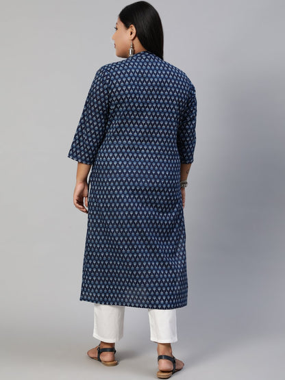 Women Blue Hand Work Printed Straight Kurta With Three Quarter Sleeves