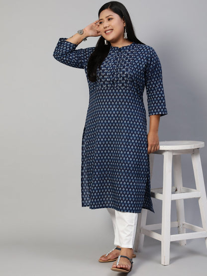 Women Blue Hand Work Printed Straight Kurta With Three Quarter Sleeves