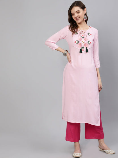 Women Pink Embroidered Straight Kurta With Three Quarter Sleeves