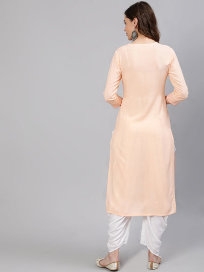 Women Peach Embroidered Straight Kurta With Three Quarter Sleeves