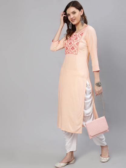 Women Peach Embroidered Straight Kurta With Three Quarter Sleeves