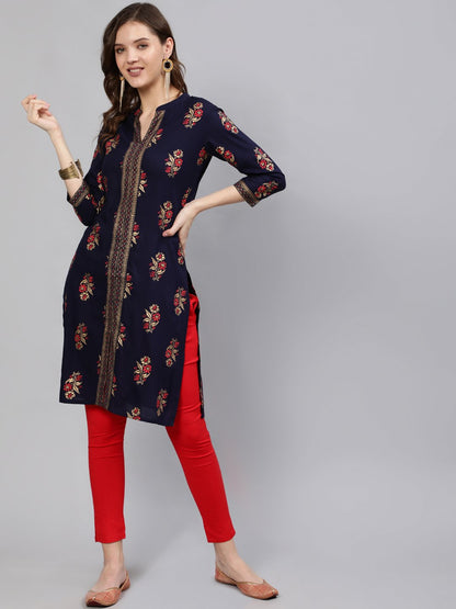 Women Navy Blue Straight Kurta With Three Quarter Sleeves