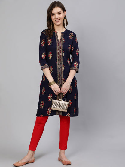 Women Navy Blue Straight Kurta With Three Quarter Sleeves