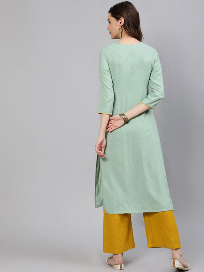 Women Green Embroidered Straight Kurta With Three Quarter Sleeves