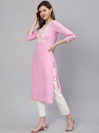 Women Pink Embroidered Straight Kurta With Three Quarter Sleeves