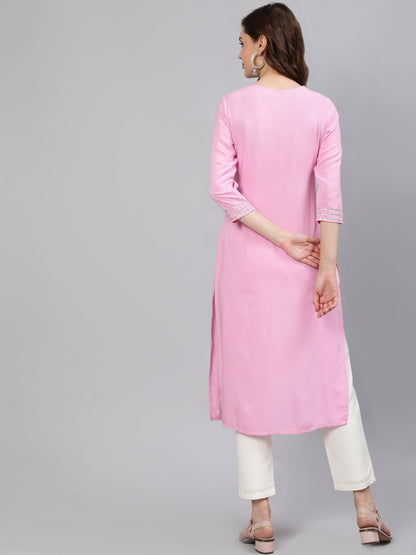 Women Pink Embroidered Straight Kurta With Three Quarter Sleeves